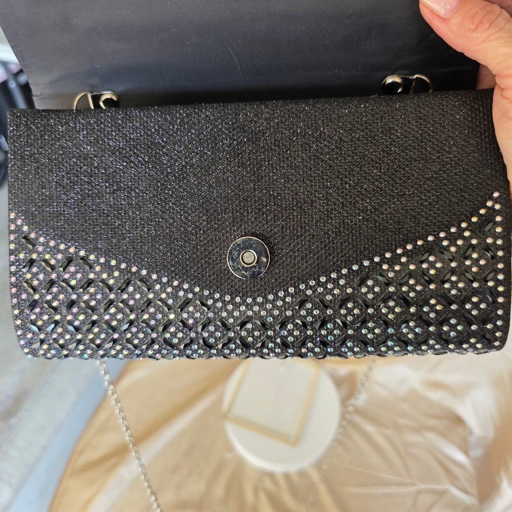 Black Iridescent Rhinestone Evening Clutch Bag with Silver Chain Strap Formal - Picture 2 of 10